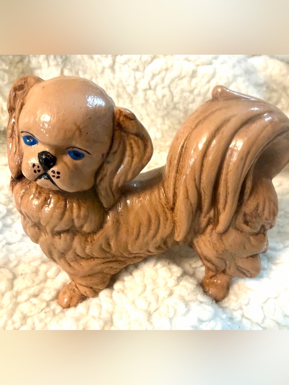 Vintage Staffordshire Style Pekingese Rare Piercing Blue Eyes. Signed.